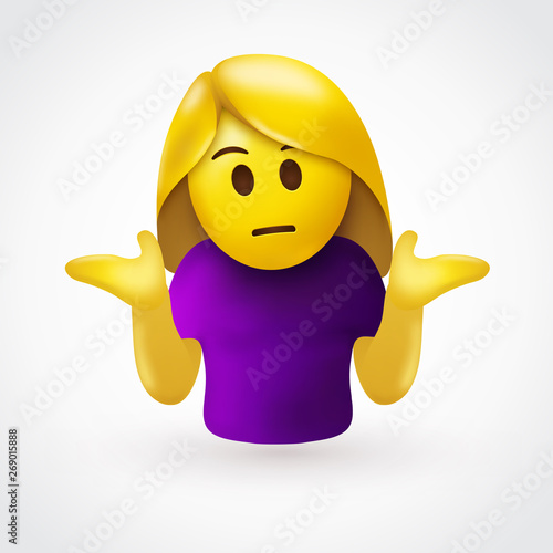 Puzzled woman emoticon shrugs shoulders - Don't know gesture