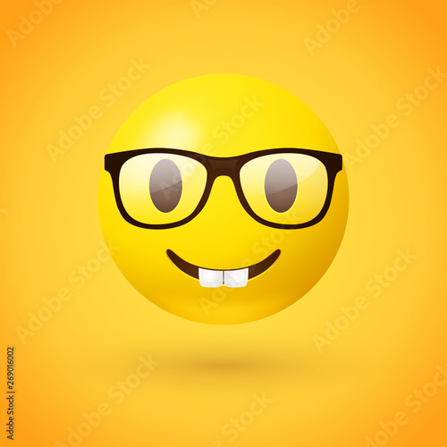 Nerd face emoji - clever emoticon with glasses on yellow background - often used to express or demonstrate someone is being nerdy, or exceptionally technical, or simply someone wearing eyeglasses