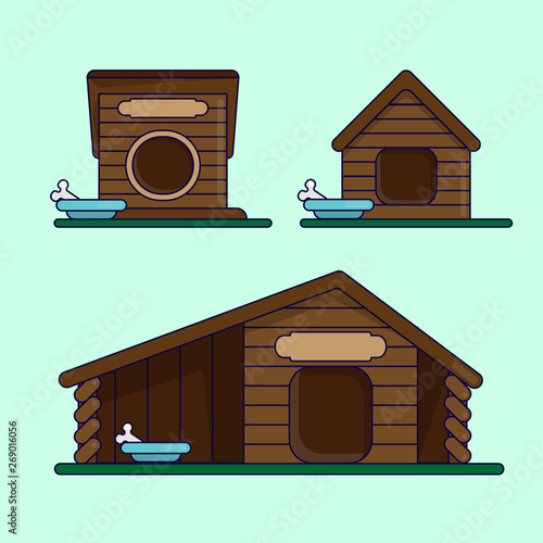 Dog house with a dish for dog food. Set of cartoon vector illustrations.