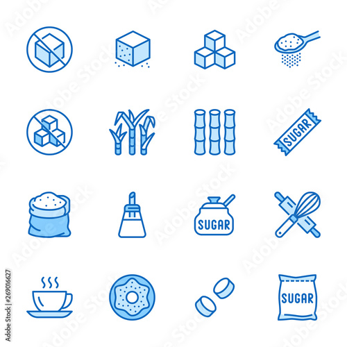 Sugar cane, cube flat line icons set. Sweetener, stevia, bakery products vector illustrations. Outline signs for sugarless food. Pixel perfect 64x64. Editable Strokes