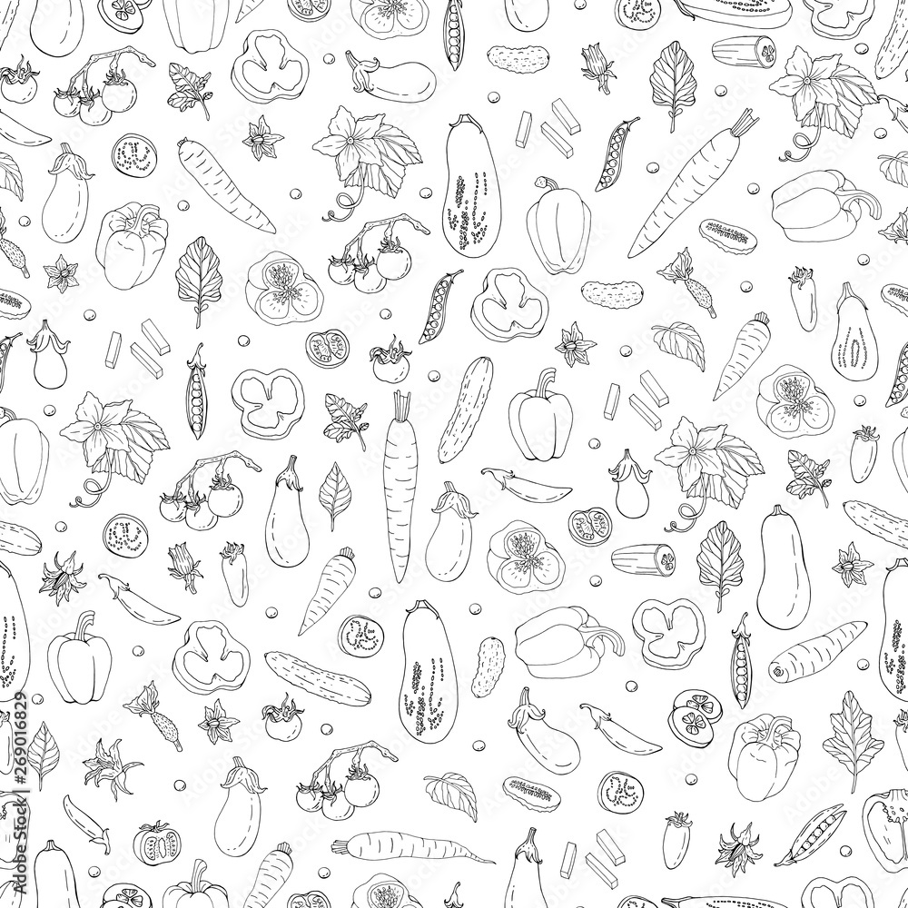 Fototapeta premium Seamless pattern with contour doodles of different vegetables. Black and white endless texture with healthy food for your design