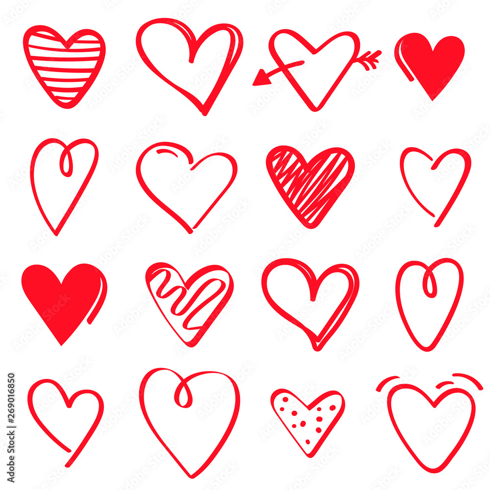 set of red hand drawn hearts on white background