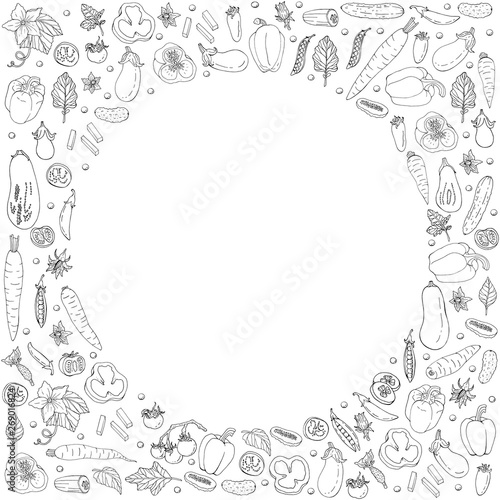 Round frame made of contour doodles of different fresh vegetables. Black and white template with healthy food elements on white background for your design