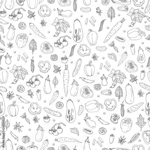 Seamless pattern with contour doodles of different vegetables. Black and white endless texture with healthy food for your design