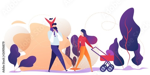 Happy Family Walking Outdoor in City Park. Weekend