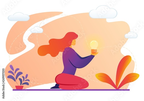 Woman Holding Illuminated Light Bulb in Hands.