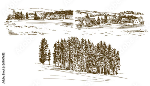 Rural landscape. Hand drawn set.