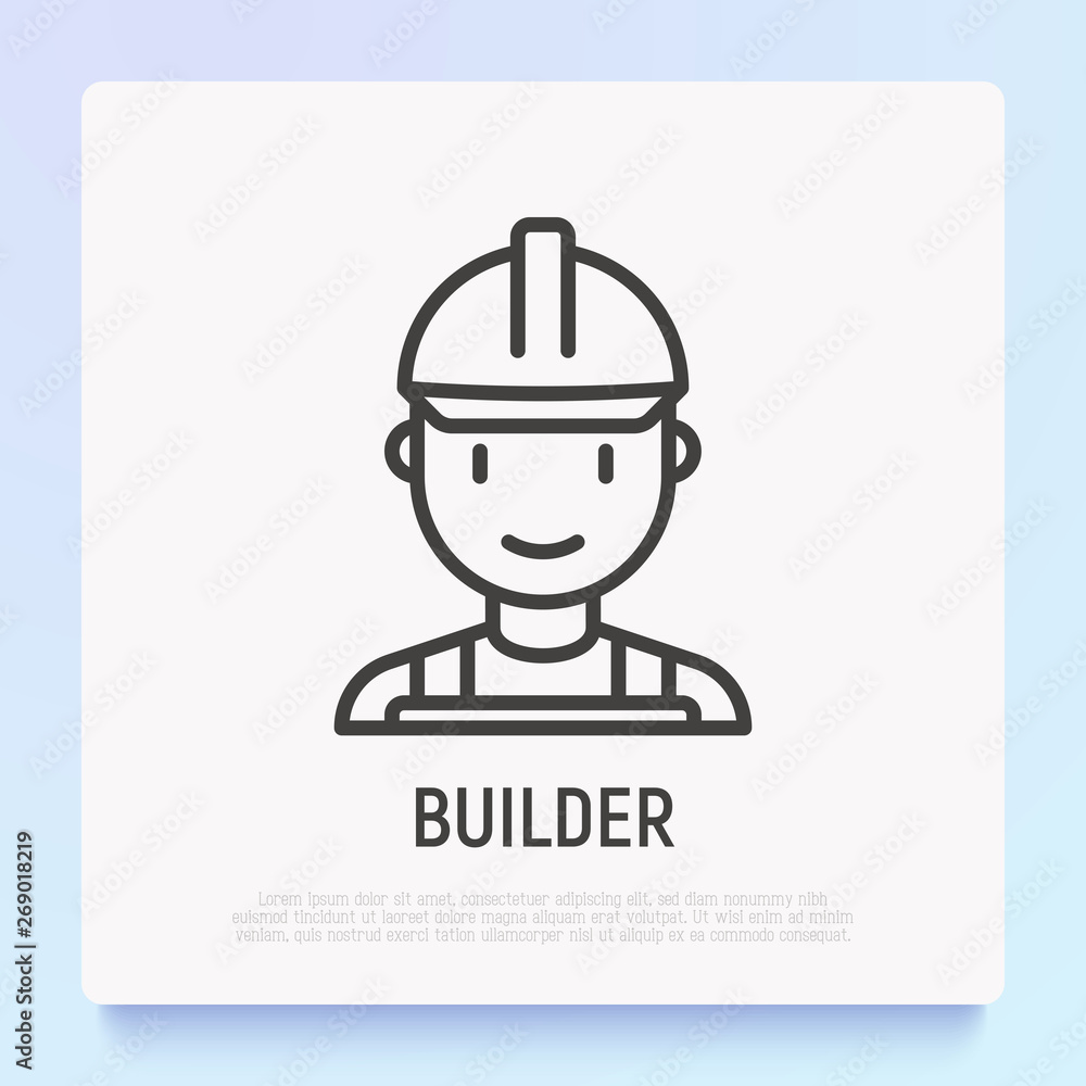 Builder in helmet thin line icon. Modern vector illustration of repairman, handyman. Builder in helmet thin line icon. Modern vector illustration of repairman, handyman.