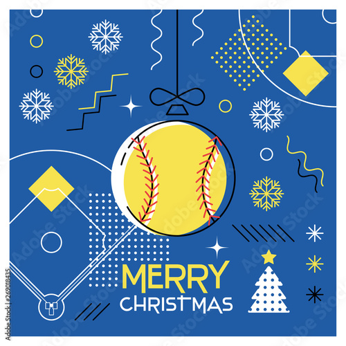 Merry Christmas. Greeting card with Christmas ball as a softball ball. Abstract flat design. Vector illustration.