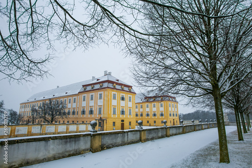 Schloss Hof, Austria - February 20, 2017:Schloss Hof is a baroque palace in Lower Austria, which privious owners include Prince Eugene of Savoy and Maria Theresia,with falling snow.