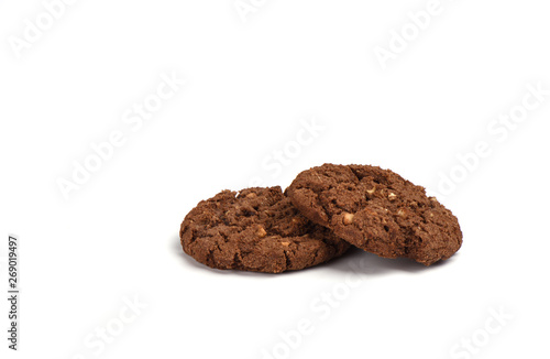 Cookies granola with chocolate and hazelnuts isolated on white background.