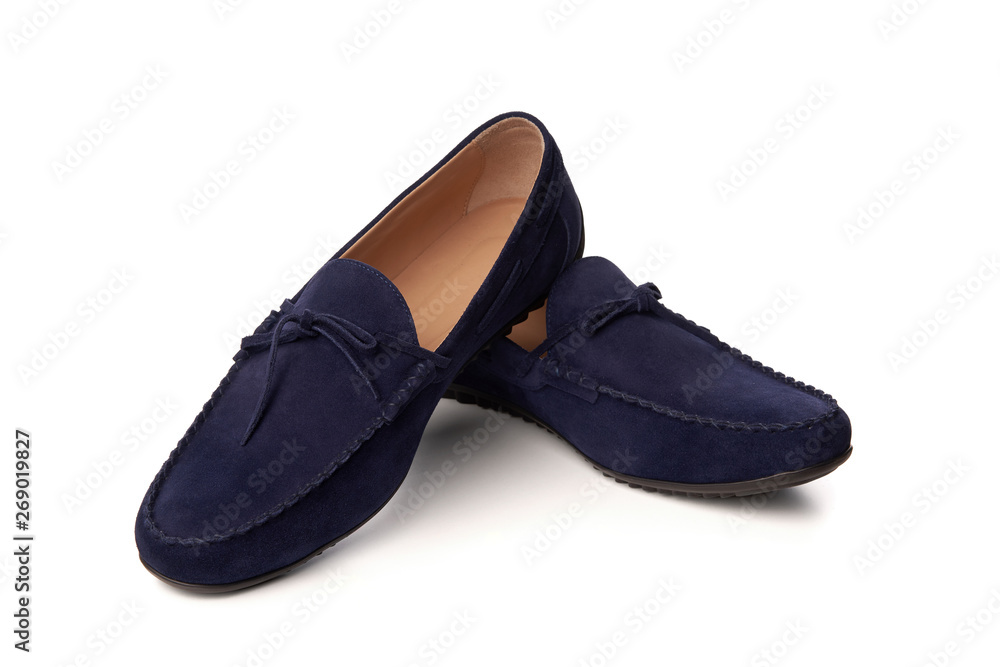 Dark blue suede man's moccasins shoes isolated on white