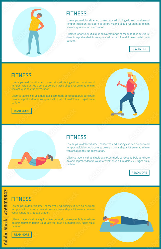 Fitness working out exercises vector, man doing stretching, woman on mat, crossfit and bodybuilding. Active lifestyle, website with text sample set