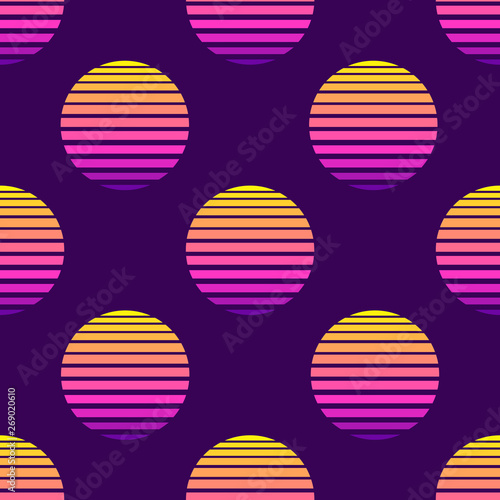 Fototapeta Naklejka Na Ścianę i Meble -  80s style seamless pattern with spheres, round shapes, symbolic suns. Futuristic digital vector wallpaper. Vaporwave, retrowave, cyberpunk aesthetics. 
