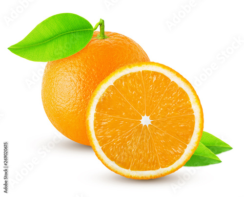 one orange with leaf and slice isolated on white background with shadow