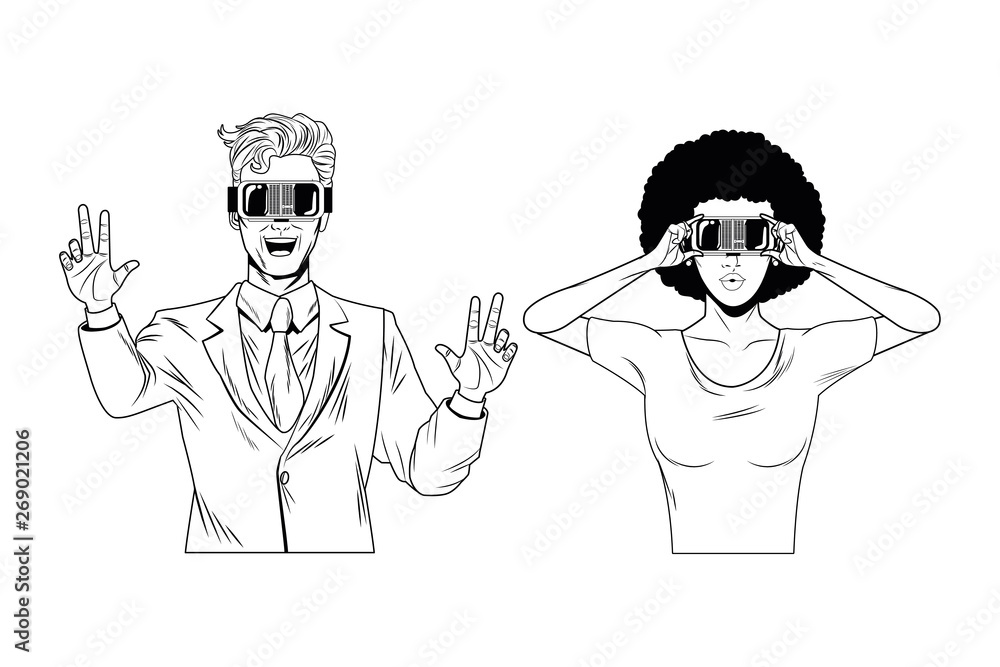 couple wearing virtual reality headset black and white couple wearing virtual reality headset black and white