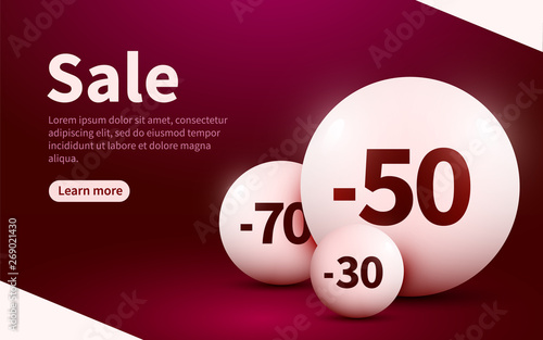 Sale web banner. Spheres with discount percentage. Landing page.