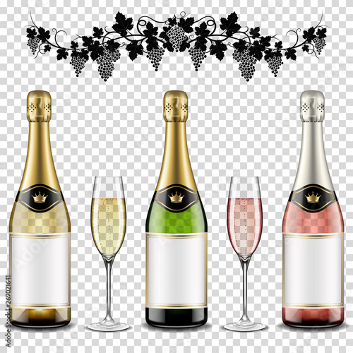 Champagne bottles set with blank label and wine glasses, isolated on transparent background.