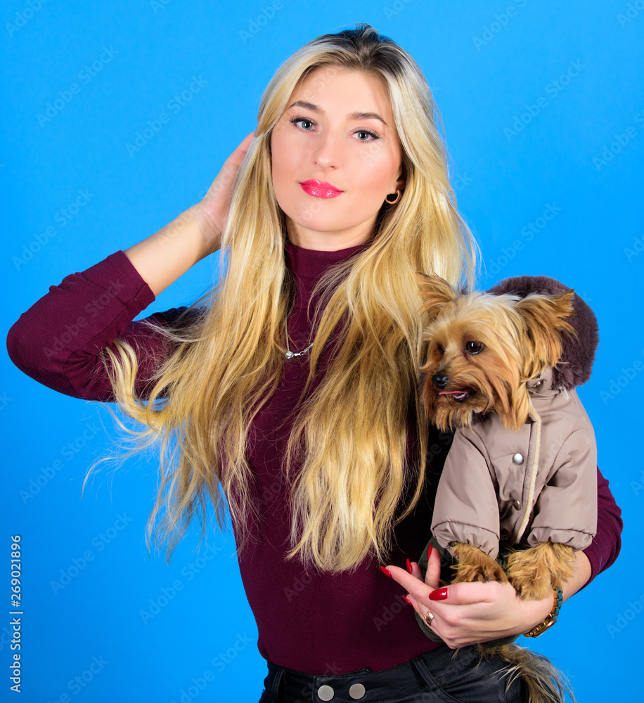 Dogs need clothes. Girl adorable blonde hug little dog in coat. Apparel and  accessories. Pet supplies. Dressing dog for cold weather. Which dog breeds  should wear coats. Woman carry yorkshire terrier Stock