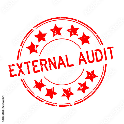 Grunge red external audit word with star icon round rubber seal stamp on white background