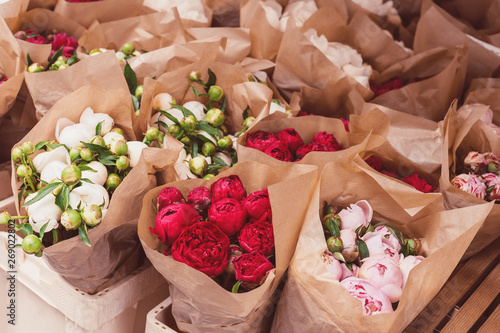 Bouquets of bordeaux, pink and white peonies for sale