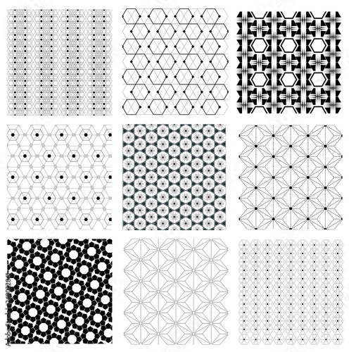 Seamless vintage Japanese retro hexagon pattern illustration vector Set - Geometric graphic pattern wallpaper background - Black and white tone
