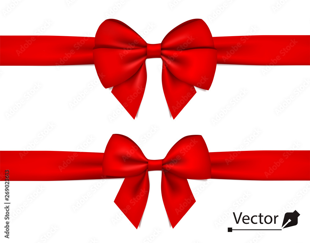 Red bow with horizontal ribbon isolated on white. Vector set of bows ...
