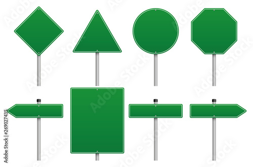 Vector green road sign set on White Background