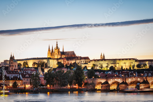 Evening in Prague. View of Prague Castle, Charles Bridge and the Vltava River Embankment. Czech Republic.