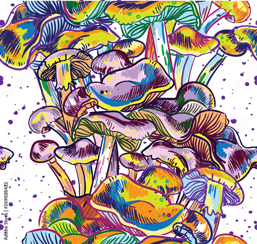 Seamless pattern with mushrooms. Multicolored drawing. Hallucinogenic mushrooms, drugs. Youth background.