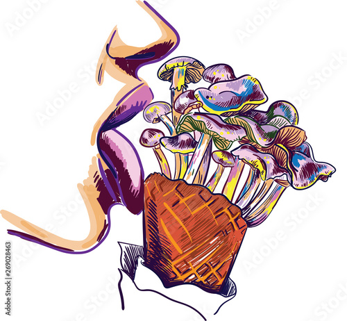 Stylish print girl licks mushroom. Ice cream mushrooms. Hallucinogenic mushrooms. Pop art, cheeky, youth poster.