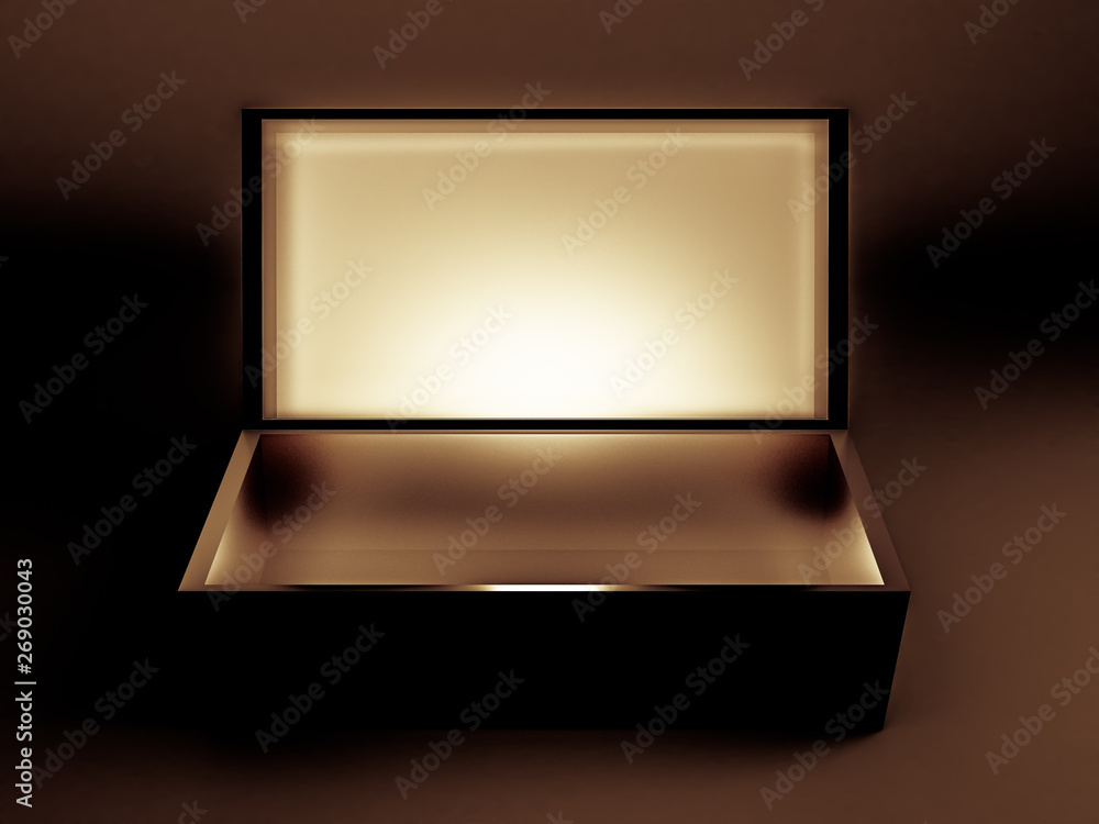 Beautiful festive gift wrap, inside golden on a black background. 3d illustration, 3d rendering. Beautiful festive gift wrap, inside golden on a black background. 3d illustration, 3d rendering.