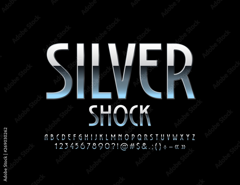 Vector sign Silver Shock with reflective Alphabet Letters, Numbers and Symbols. Metallic modern Font 