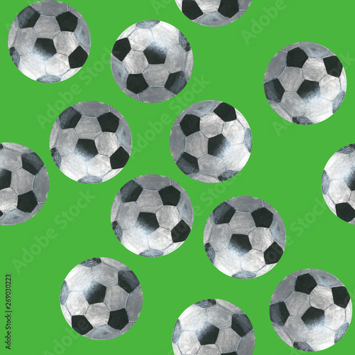 Football balls on green background  seamless pattern  acrylic drawn