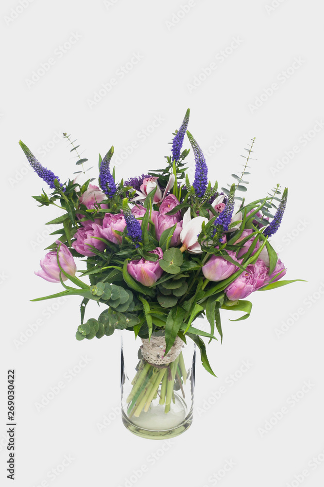 Beautiful bouquet with pink tulips close up