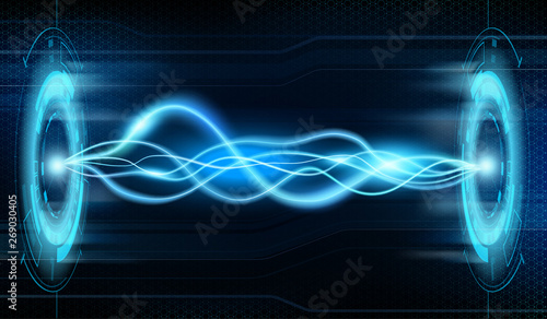 Electrical discharge or plasma arc on futuristic HUD background.