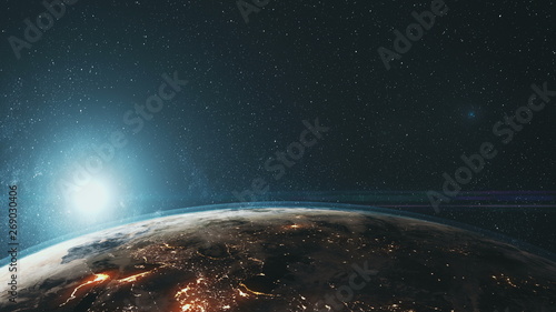 Epic Rotate Earth Close Up Surface Star Background. Sun Beam Glow Celestial Outer Space Deep Universe Exploration Concept 3D Animation