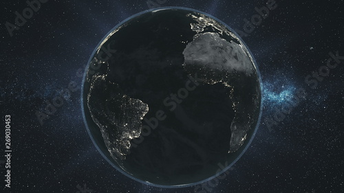 Earth Night Orbit Rotate Planet Star Background. Epic Space Globe Surface Constellation Cosmos Navigation Travel Universe Exploration Concept 3D Animation