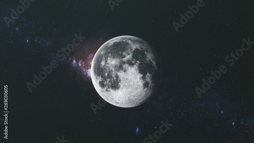Moon Orbit Floodlight Surface Milky Way Background. Planet Side Zoom in Dark Outer Space Star Galaxy Cosmos Constellation Exploration Concept 3D Animation