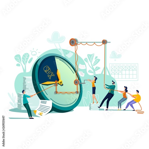 Deadline time management business concept vector. Large watches and hurried workers pulling clock hand using rope pulley or block system, trying to stop or slow down time, teamwork flat illustration