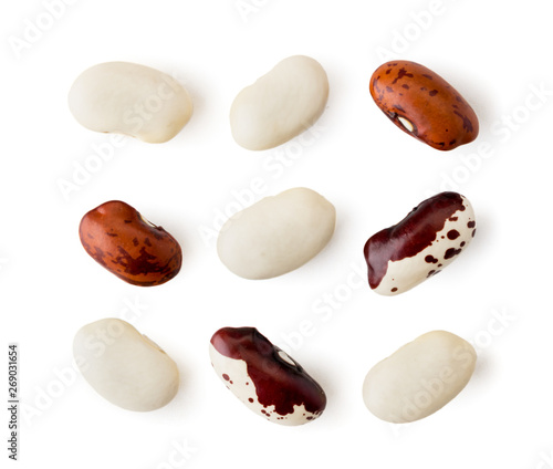 Set of colorful beans on a white background, close-up. The form of the top.