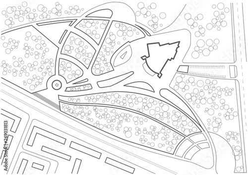 Linear architectural sketch master plan of city park