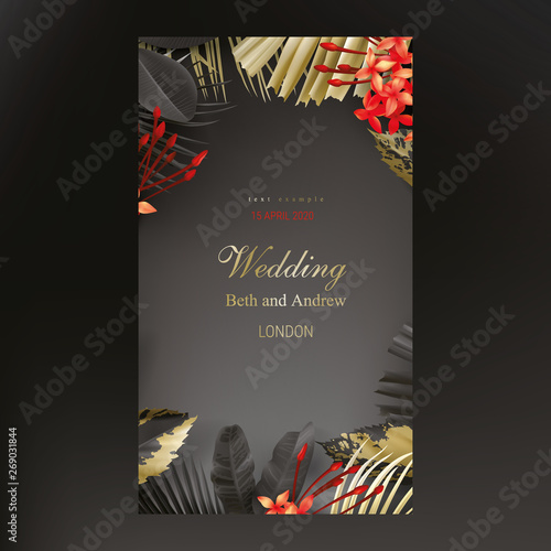 Tropical black and gold leaves on dark background vector poster Beautiful botanical design with golden tropic jungle palm leaves, exotic red flower Wedding ceremony invitation card, christmas greeting