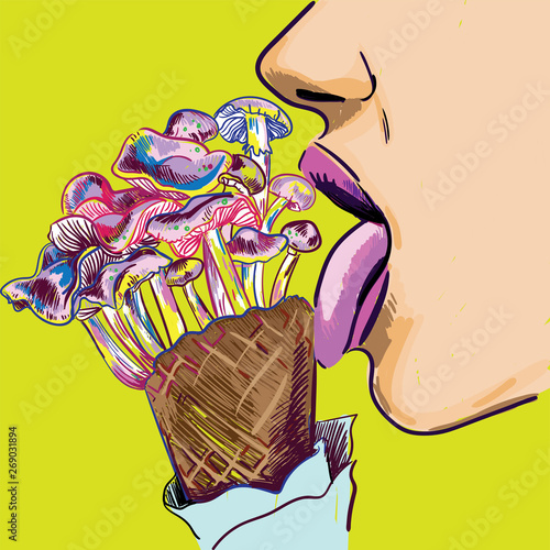 Stylish print girl licks mushroom. Ice cream mushrooms. Hallucinogenic mushrooms. Pop art, cheeky, youth poster.