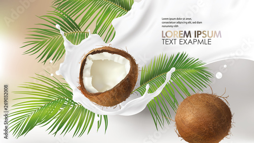 Coconut milk splash swirl realistic vector background. White liquid organic milk on background of tropical cracked and whole coconut with creamy texture and green palm leaves, vegan drink design pack