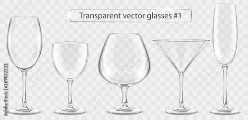 Set of transparent vector glass goblets for wine bar