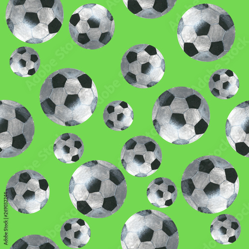 Football balls on green background, seamless pattern, acrylic drawn
