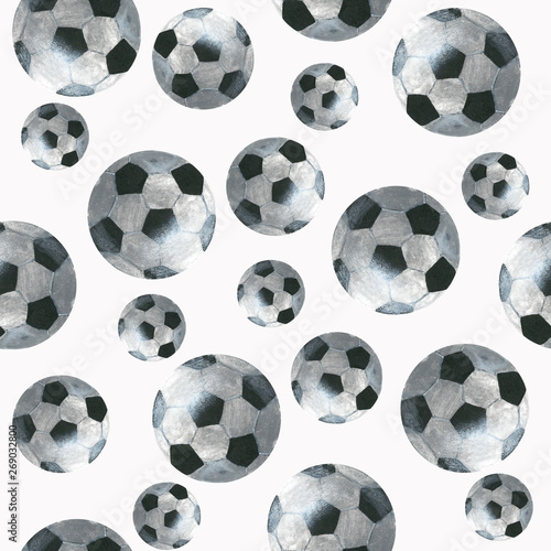Football balls on white background  seamless pattern  acrylic drawn
