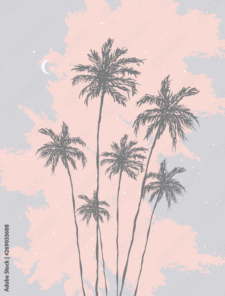 Retro Style Palm Trees Vector Illustration. Darl Gray Hand Drawn Palms Isolated on a Pink and Pale Blue Background. Tropical Trees Retro Design for Wall Art, Poster, Card, Aloha Party Decoration.