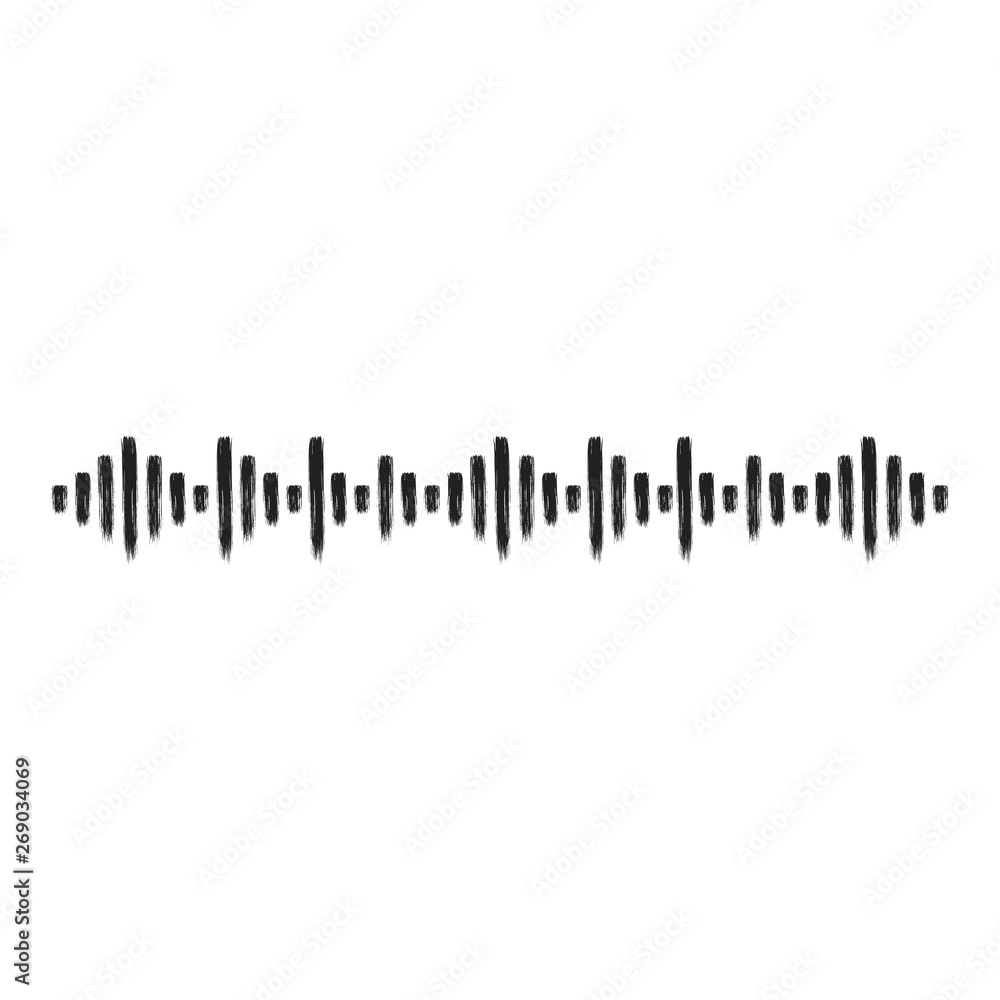 Hand drawn brush stroke dirty art sound wave symbol icon sign isolated on white background. Black and white composition of the symbol digital equalizer of audio sound wave. Hand drawn brush stroke dirty art sound wave symbol icon sign isolated on white background. Black and white composition of the symbol digital equalizer of audio sound wave.